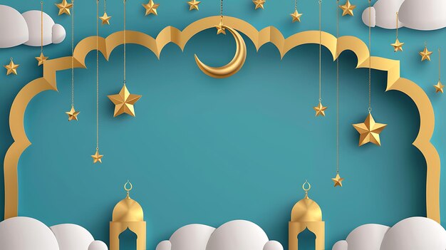 カーレムモスク 3D 黄金の半月 月の星とアラビア風のアーチ