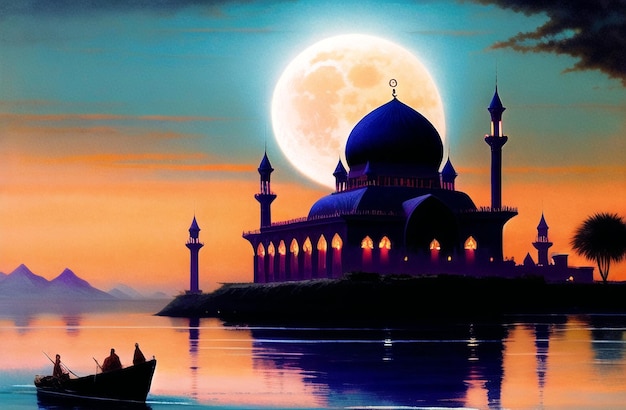 Ramadan Kareem Mosque Illustration of islamic architecture design under the moon Islamic Ramzan Banner with mosque minarets Generative AI