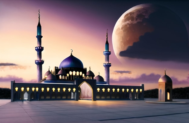 Ramadan Kareem Mosque Illustration of islamic architecture design under the moon Islamic Ramzan Banner with mosque minarets Generative AI