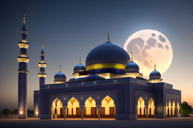 Ramadan Kareem Mosque Night time moon Islamic Concept Banner of Masjid minarets Generative AI