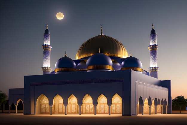Ramadan Kareem Mosque Night time moon Islamic Concept Banner of Masjid minarets Generative AI