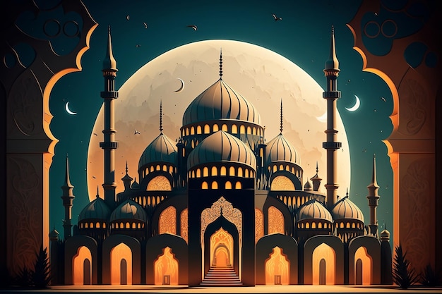 Ramadan Kareem mosque with the moon Flat illustration of a mosque Ramadan Kareem concept