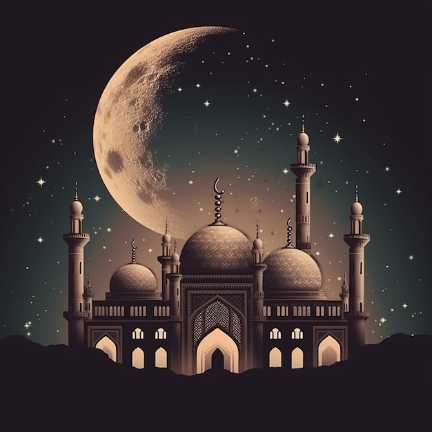 Ramadan Kareem Night Illustration with Moon and Stars