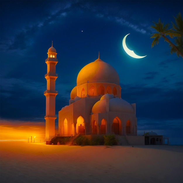 Foto il cielo notturno del ramadan kareem con una bellissima moschea