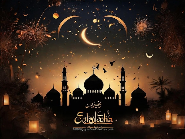 Ramadan Kareem ontwerp Arabische kalligrafie groeten poster met moskee silhouet op gouden glitter achtergrond