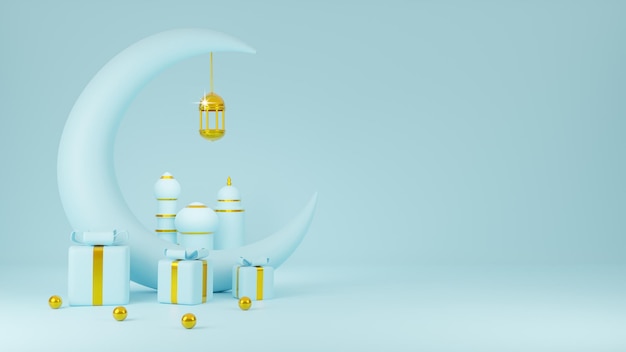 Ramadan Kareem ontwerp blauwe moskee koepel en gouden maan met geschenkdoos op blauwe achtergrond 3D-rendering