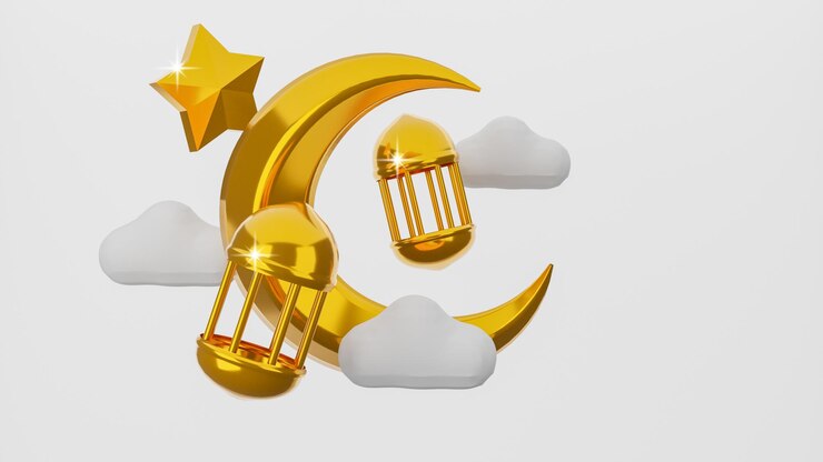 Ramadan Kareem ontwerp wassende gouden maan en gouden moskee koepel met gouden ster op witte achtergrond 3D-rendering