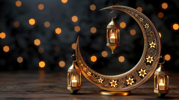 Фото Рамадан карим украшенный арабский фонарь, украшенный полумесяцем, символизирующим священный месяц