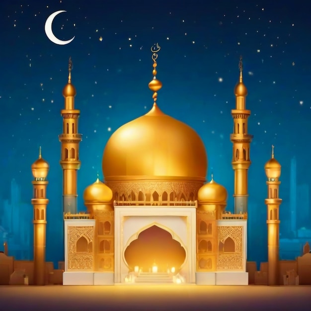 Ramadan Kareem podium Glowing lantaarn op de achtergrond van de oude stad en moskee islamitische traditie