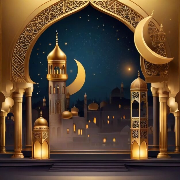 Подиум Рамадана Карим Светящийся фонарь на фоне старого города и мечети исламской традиции