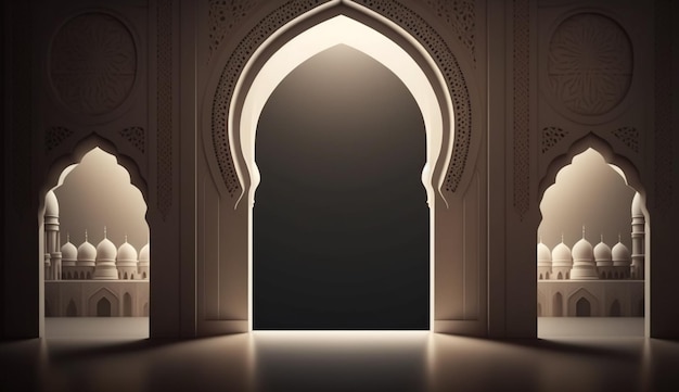 Ramadan kareem podium with mosque door