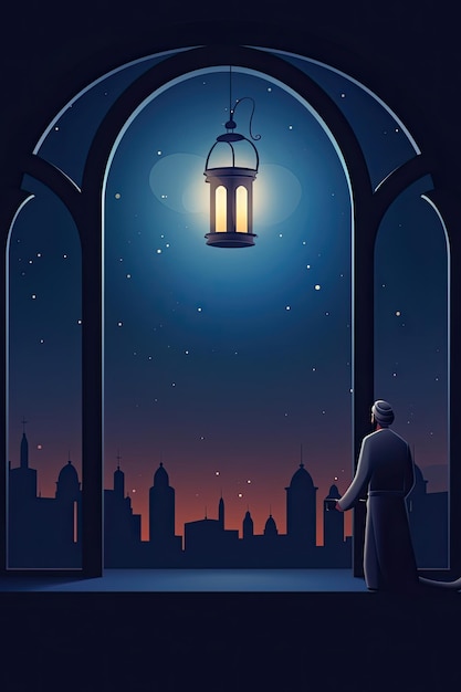Рамадан Карим молится Ид Мубарак Мусульманский исламский молитвенник в ночном ифтаре постится у окна дома