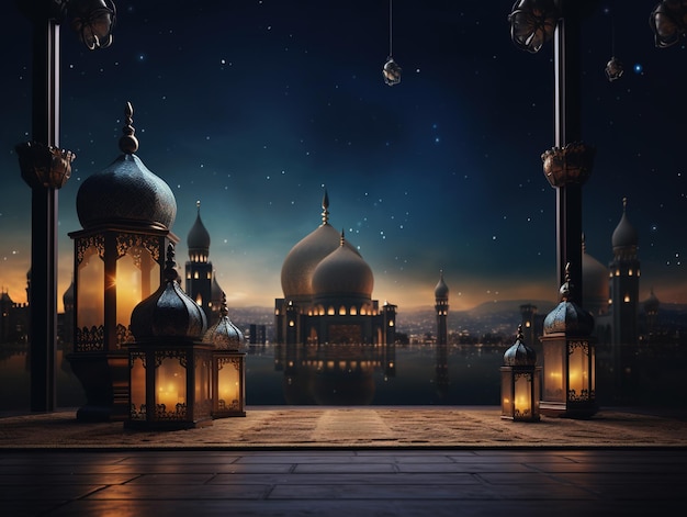 Ramadan Kareem realistic night view background with Arabic style border and lanterns