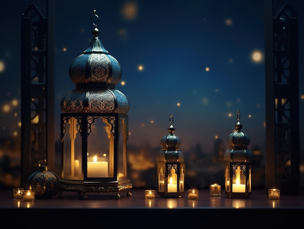 Ramadan Kareem realistic night view background with Arabic style border and lanterns