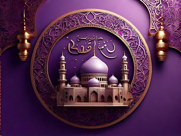 Ramadan kareem realistic purple color mandala backgrund with silhouettes of mosque generated by ai