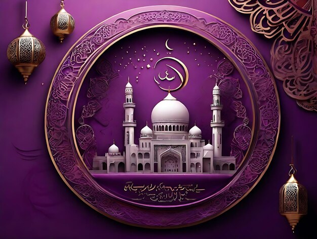 Ramadan kareem realistische paarse kleur mandala achtergrond met silhouetten van moskee gegenereerd door ai