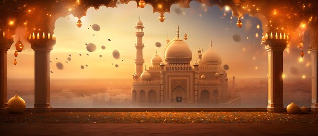 Foto ramadan kareem religieuze achtergrond met silhouet van een moskee
