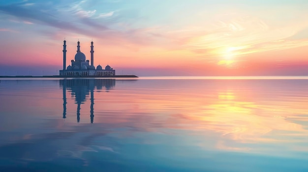 Ramadan Kareem religious background with mosque in the sea