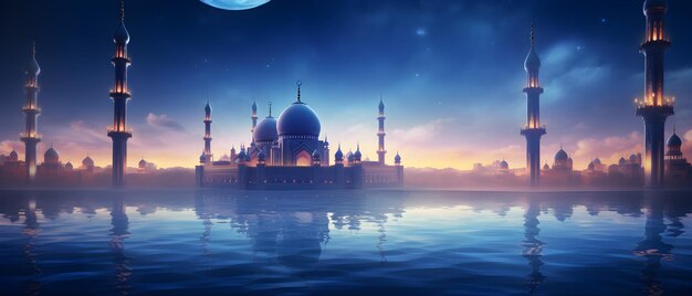 写真 ラマダン・カリームの宗教背景とモスクのシルエット