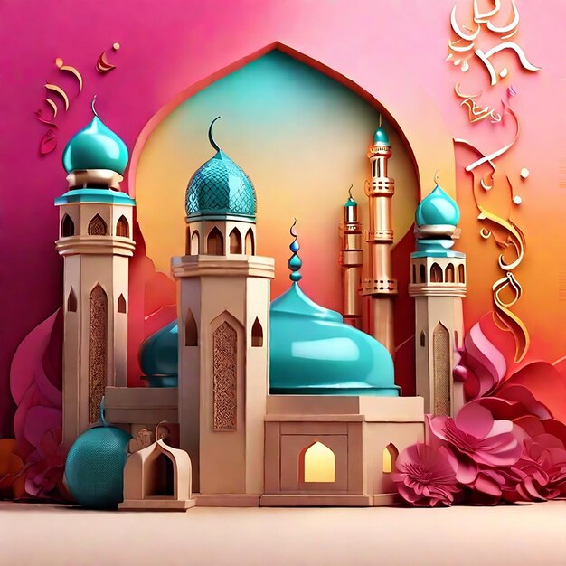 Ramadan Kareem's kleurrijke achtergrond moskee gebouw gegenereerd door AI