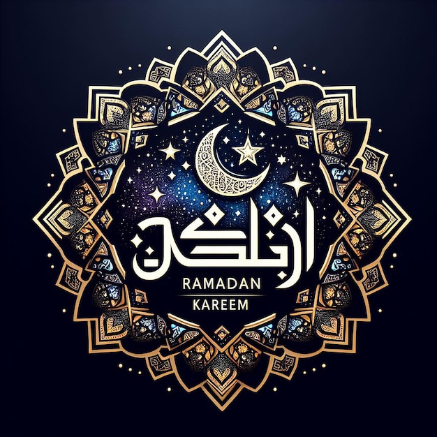 Ramadan Kareem samengesteld uit een sterrenrijk nachthemelmotief dat de nacht van Ramadan weerspiegelt