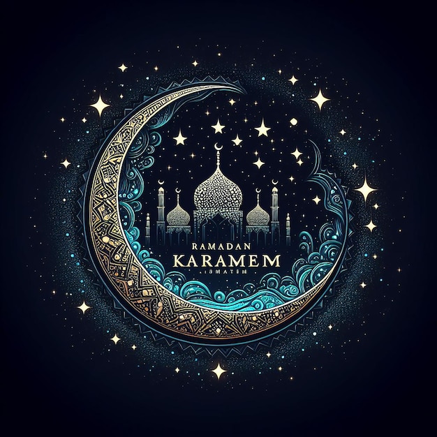 Ramadan Kareem samengesteld uit een sterrenrijk nachthemelmotief dat de nacht van Ramadan weerspiegelt
