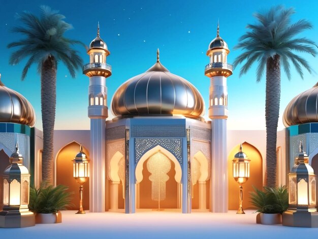 Ramadan kareem shining background with luxury lanterns and ornament 3d cute mosque with palm trees