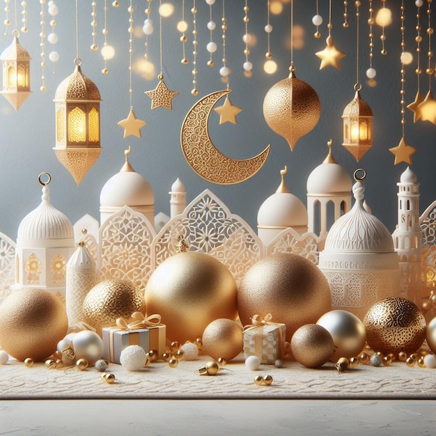 Ramadan Kareem waar een serene witte en gouden ballen achtergrond sets AI gegenereerd