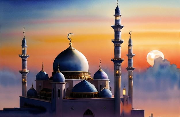 Рамадан Карим Акварельная мечеть Иллюстрация дизайна исламской архитектуры под луной Мусульманский фестиваль Рамзан Баннер с минаретами мечети Генеративный AI