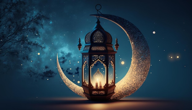 Ramadan Kareem wenskaart Arabische lantaarn met halve maan Generatieve AI