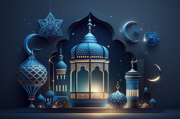 Ramadan Kareem-wenskaart met Arabische lantaarns en moskee Generatieve AI