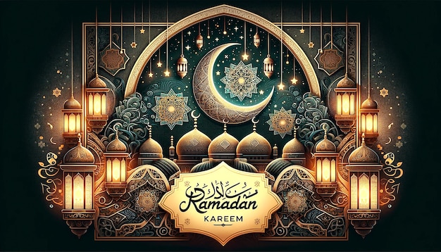 Ramadan kareem with beautiful crescent and lantern background