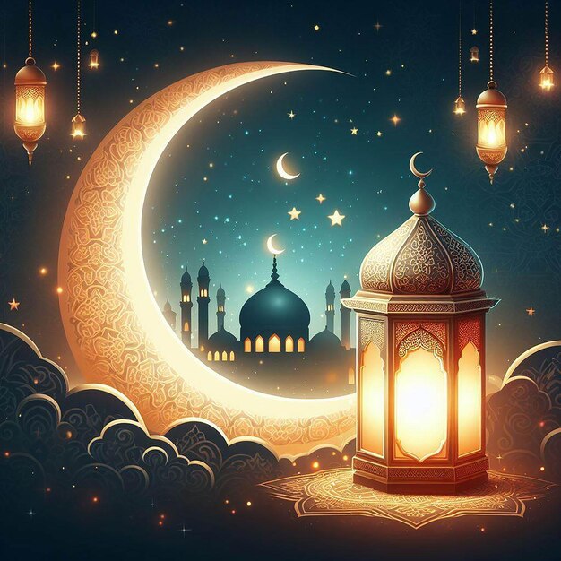 Photo ramadan kareem with beautiful crescent and lantern illustration