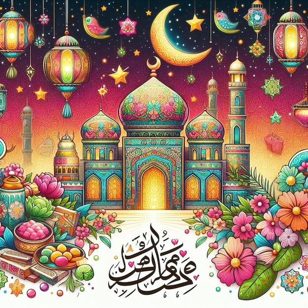 Foto ramadan kareem con la bellissima mezzaluna e lanterna instagram post story illustration design