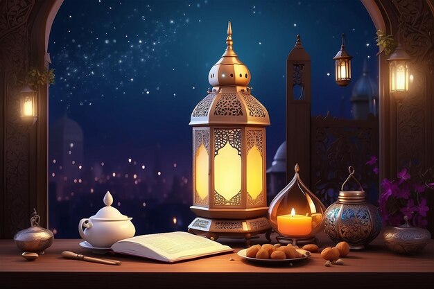 Photo ramadan kareem with beautiful crescent and lantern instagram