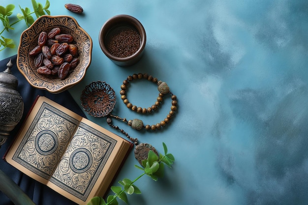 Ramadan kareem with dates rosary and holy quran on fresh background