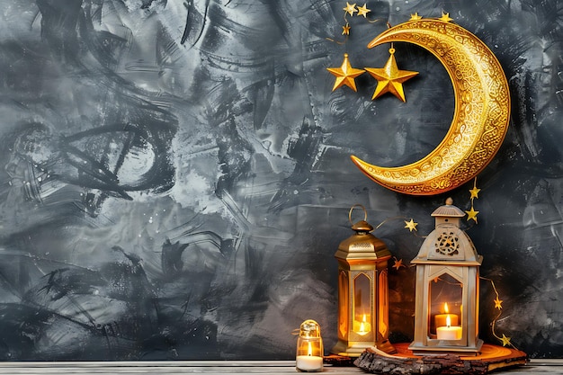 Ramadan kareem with golden moon and lantern