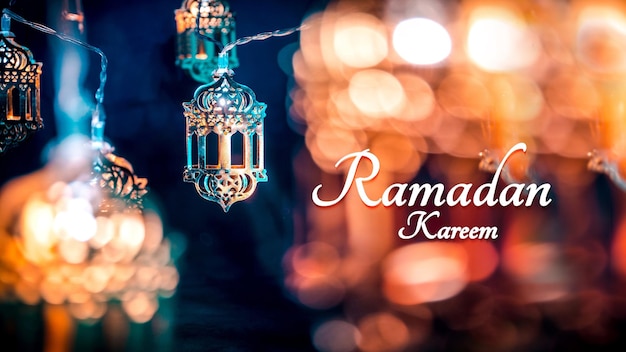 Ramadan Kareem with lanterns and lights Ramadan background Ramadan lettering background