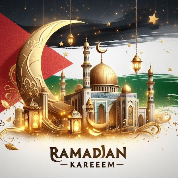 Foto ramadan kareem con la bandiera palestinese sullo sfondo