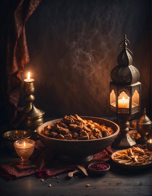 Photo ramadan kareem with some food and lantern