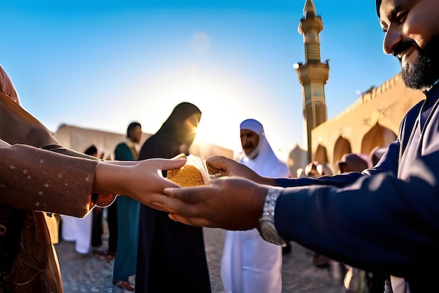 Foto ramadan della gentilezza persone che distribuiscono cibo e beni di prima necessità a chi ha bisogno un senso di compassione