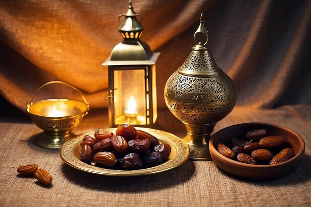 Ramadan lamp and dates still life