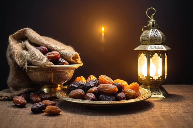 Photo ramadan lamp and dates still life