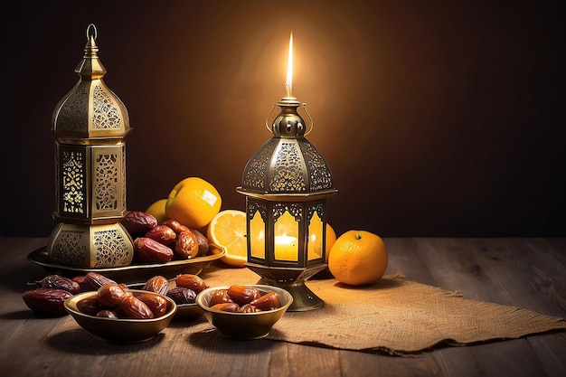 Photo ramadan lamp and dates still life