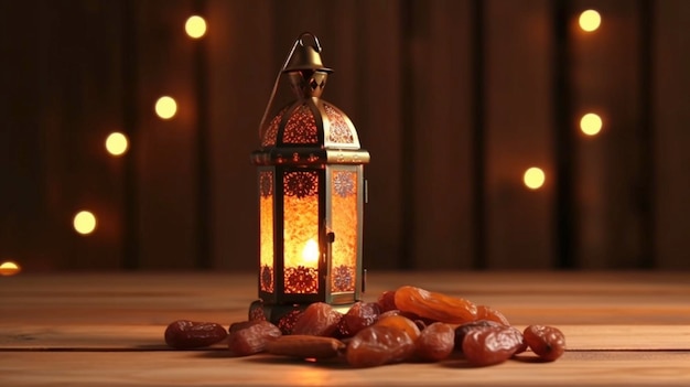 Ramadan lamp and dates on wooden background Oriental lantern Generative AI