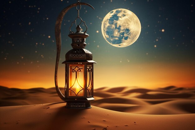 Ramadan lamp on the desert with the moon