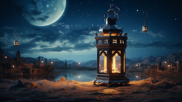 Ramadan-lamp in de woestijn met de maan Generative Ai