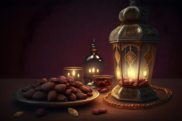 Photo ramadan lamp rosary and dates holidays decoration background generative ai