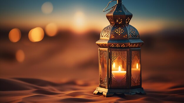 Ramadan lamps in the sand at dusk in the desert Generative AI