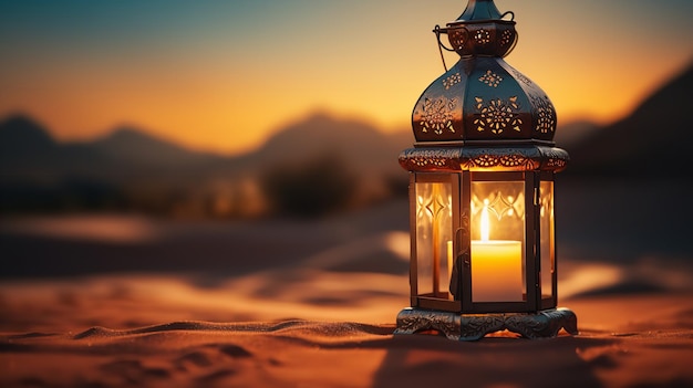 Ramadan lamps in the sand at dusk in the desert Generative AI